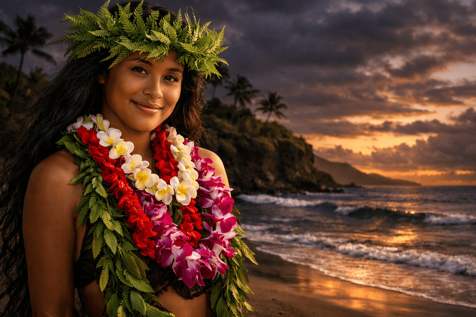 Hawaiian woman wearing traditional lei