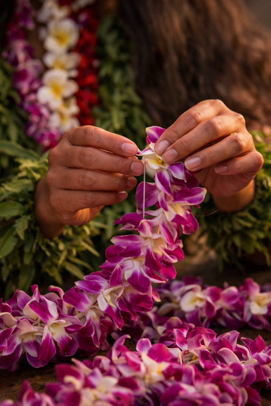 Hands crafting a Hawaiian lei